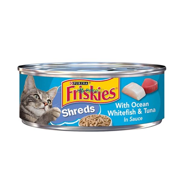 thumbnail image 2 of Purina Friskies Wet Cat Food – Shreds With Ocean Whitefish & Tuna, 5.5 Oz Cans (Pack Of 24) 2 of 4