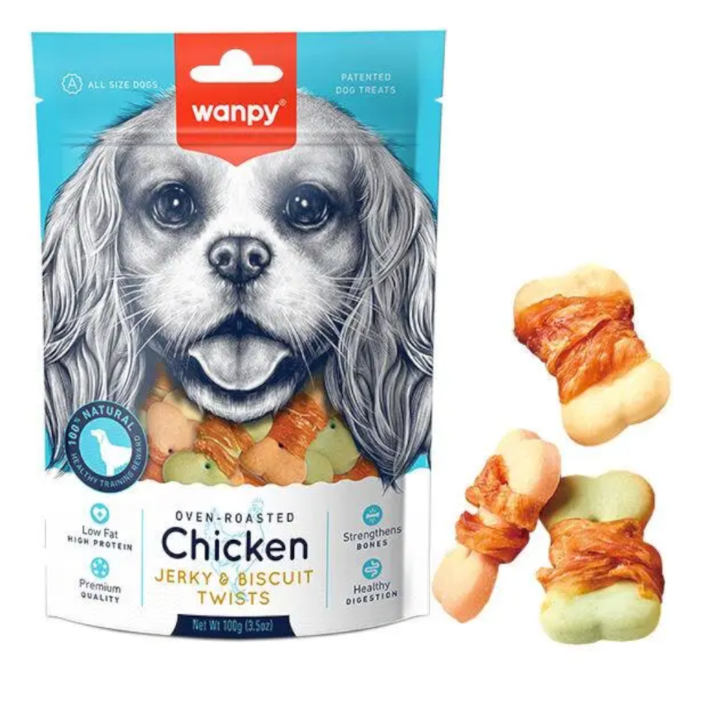 Wanpy Dog Treat Oven Roasted chicken Jerky & Biscuit Twists 100g - Petco BD